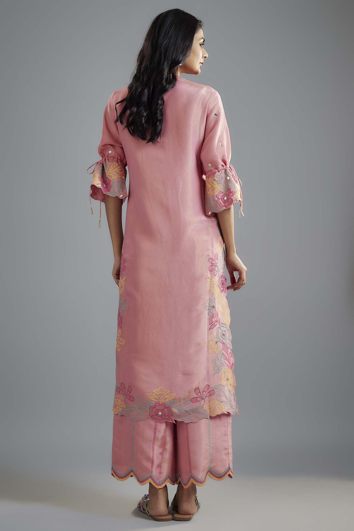 Pink Silk Floral Cutwork Embroidered Kurta Set by I AM