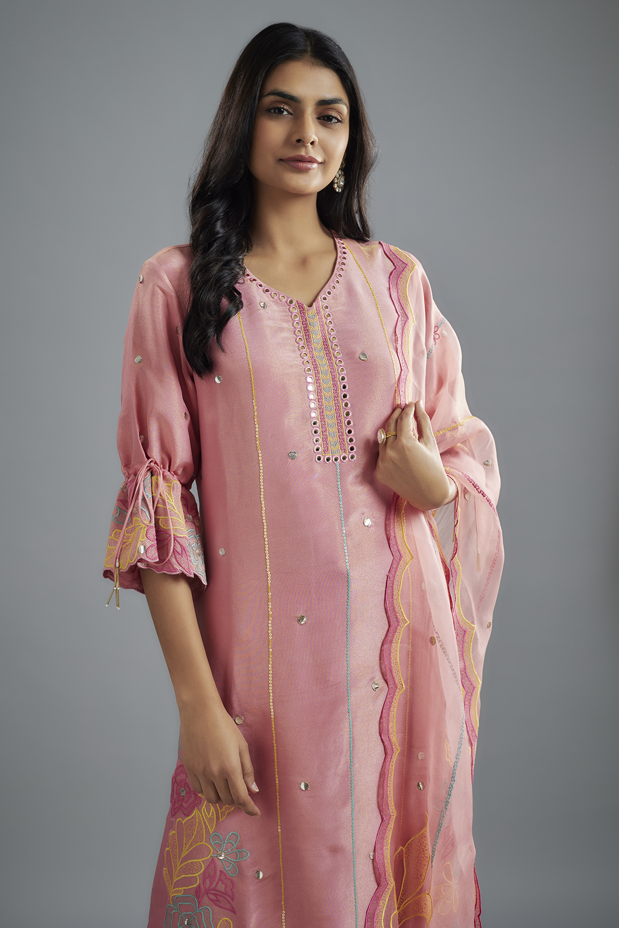 Pink Silk Floral Cutwork Embroidered Kurta Set by I AM