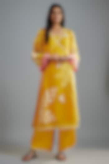 Mustard Silk Organza Floral Applique Work Angrakha Kurta Set by I AM DESIGN at Pernia's Pop Up Shop