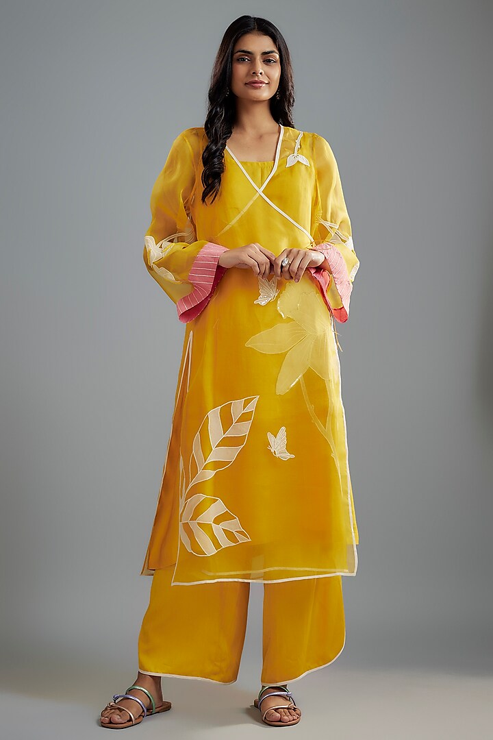 Mustard Silk Organza Floral Applique Work Angrakha Kurta Set by I AM DESIGN at Pernia's Pop Up Shop