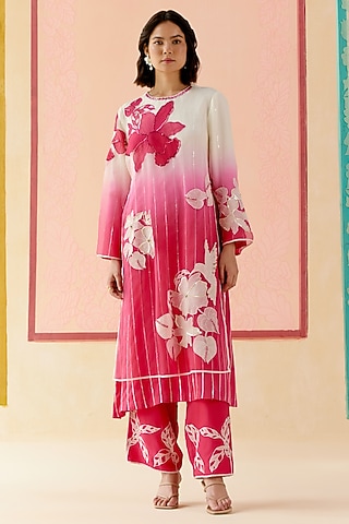 Hot Pink Silk Organza Floral Applique Work Kurta Set by I AM DESIGN