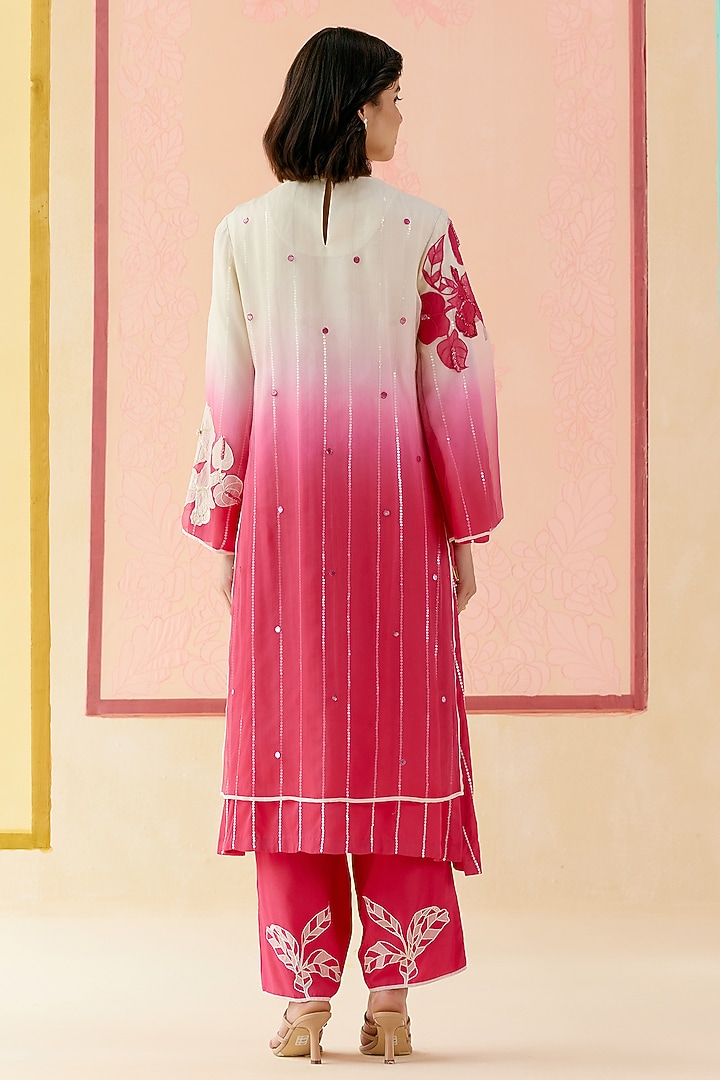 Hot Pink Silk Organza Floral Applique Work Kurta Set by I AM DESIGN at Pernia's Pop Up Shop