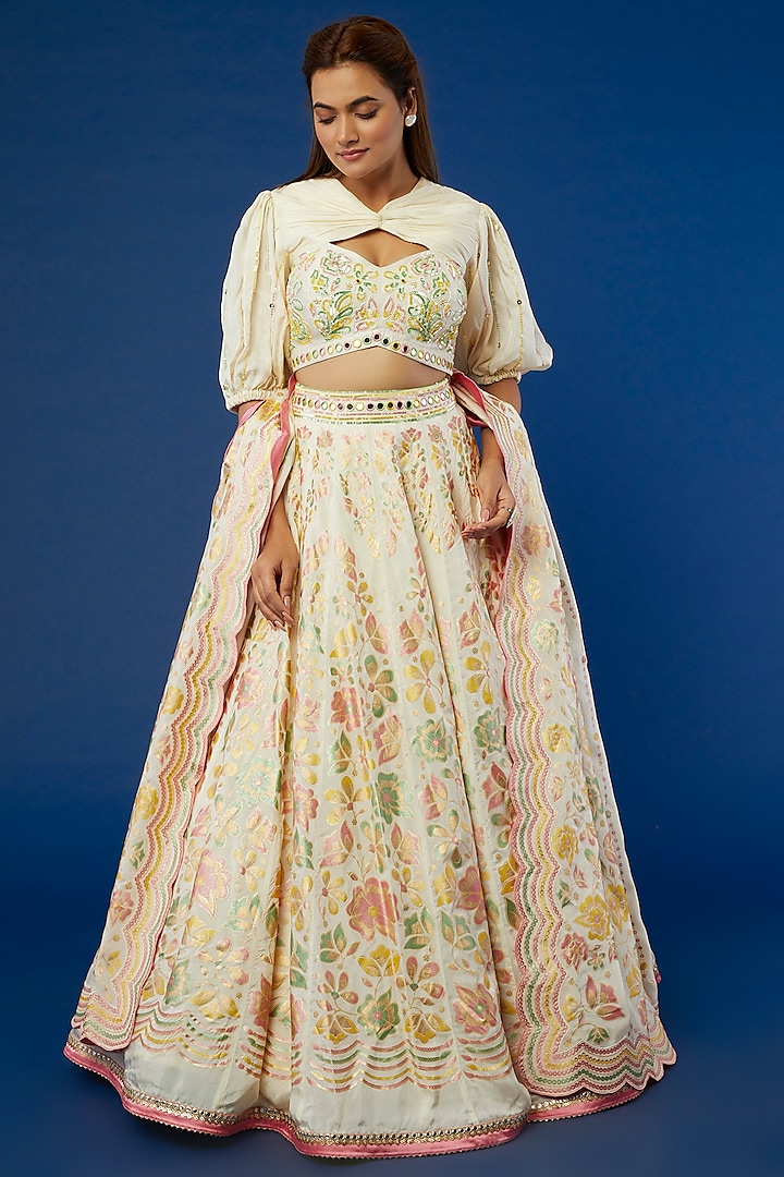Ivory Printed Embroidered Lehenga by I Am Design