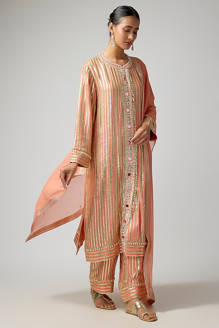 Peach Georgette Hand Embroidered Metallic Kurta Set by I AM DESIGN at Pernia's Pop Up Shop