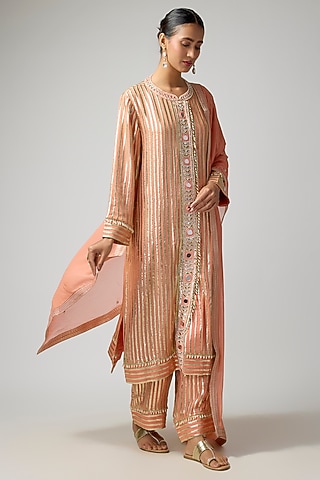 Peach Georgette Hand Embroidered Metallic Kurta Set by I AM DESIGN