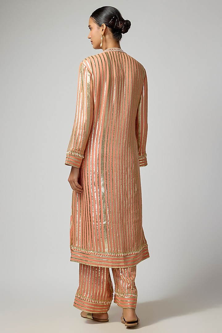Peach Georgette Hand Embroidered Metallic Kurta Set by I AM DESIGN at Pernia's Pop Up Shop