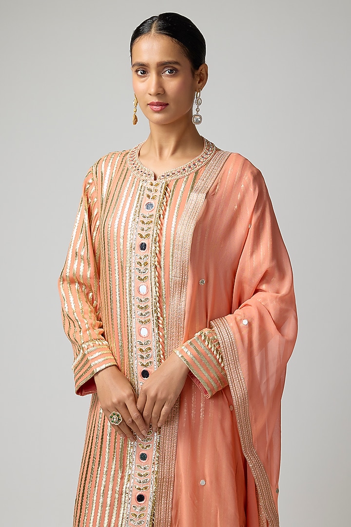 Peach Georgette Hand Embroidered Metallic Kurta Set by I AM DESIGN at Pernia's Pop Up Shop