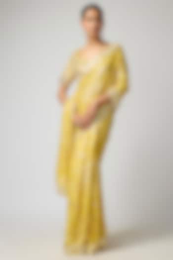 Mustard Georgette Hand Embroidered Wedding Saree Set by I AM DESIGN at Pernia's Pop Up Shop