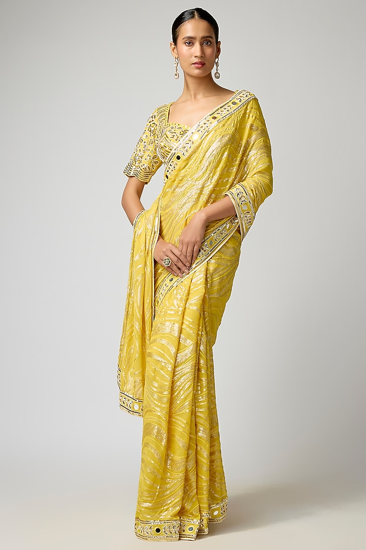 Mustard Georgette Hand Embroidered Wedding Saree Set by I AM DESIGN at Pernia's Pop Up Shop
