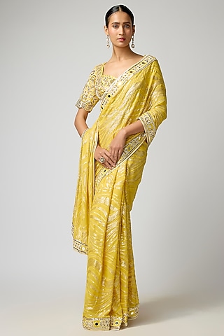 Mustard Georgette Hand Embroidered Saree Set by I AM DESIGN
