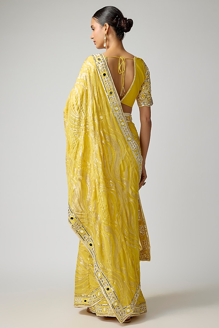 Mustard Georgette Hand Embroidered Wedding Saree Set by I AM DESIGN at Pernia's Pop Up Shop