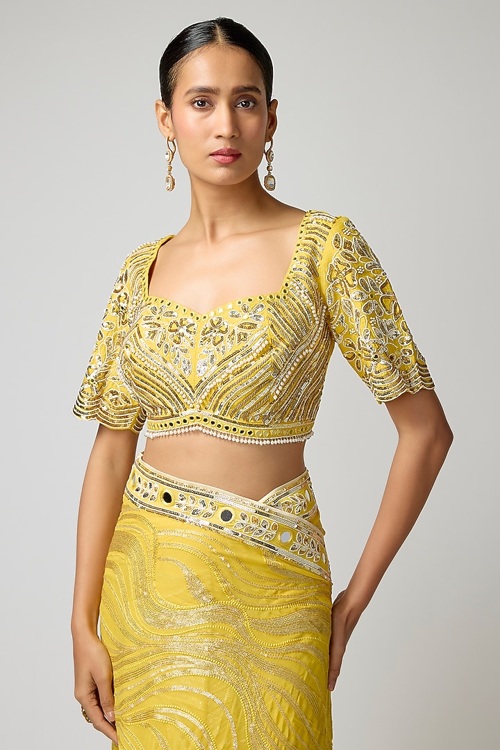 Mustard Georgette Hand Embroidered Wedding Saree Set by I AM DESIGN at Pernia's Pop Up Shop