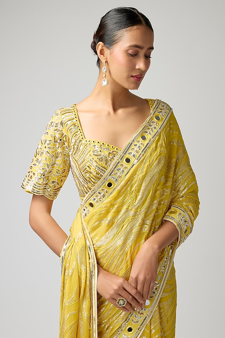 Mustard Georgette Hand Embroidered Wedding Saree Set by I AM DESIGN at Pernia's Pop Up Shop