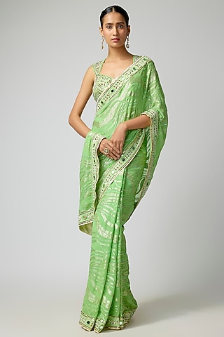Green Georgette Hand Embroidered Saree Set by I AM DESIGN