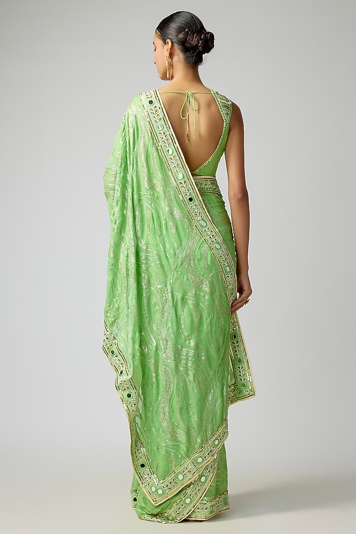 Green Georgette Hand Embroidered Wedding Saree Set by I AM DESIGN at Pernia's Pop Up Shop
