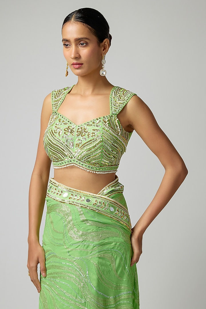 Green Georgette Hand Embroidered Wedding Saree Set by I AM DESIGN at Pernia's Pop Up Shop