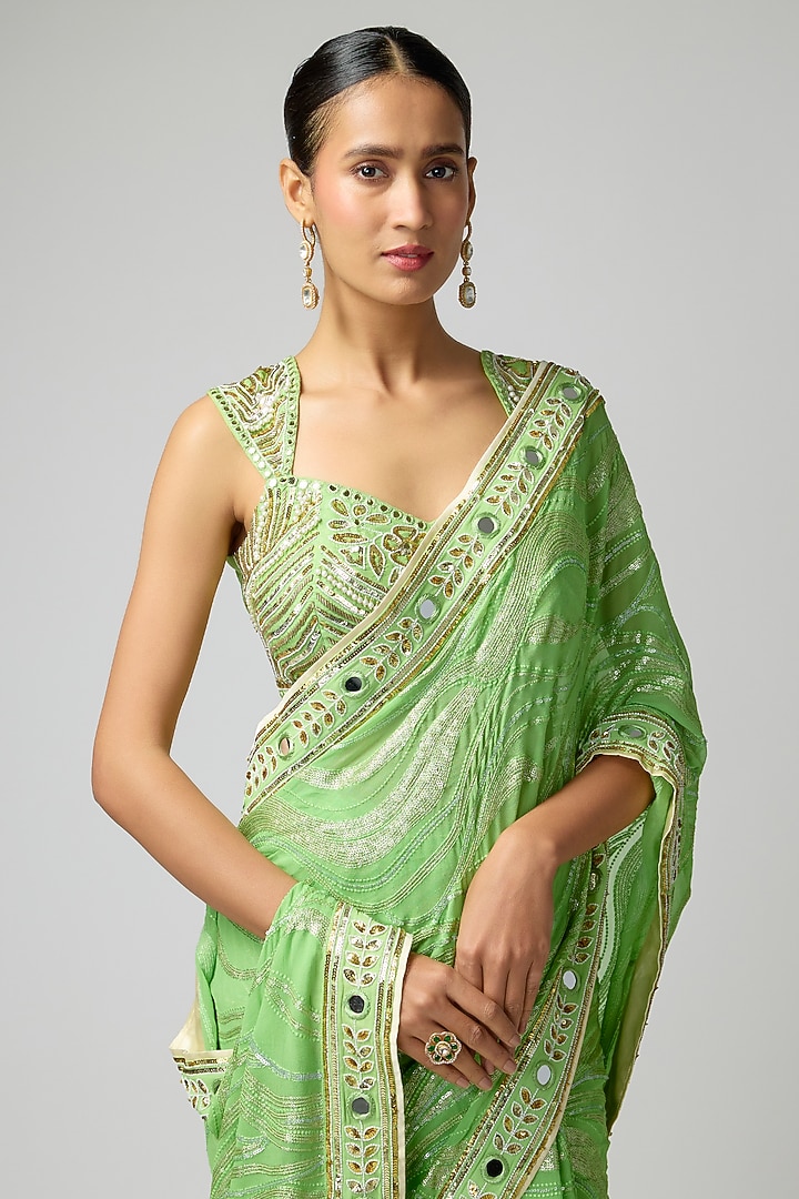 Green Georgette Hand Embroidered Wedding Saree Set by I AM DESIGN at Pernia's Pop Up Shop