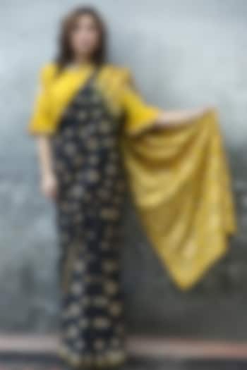 Black & Mustard Silk Ikat Printed Saree Set by I Am Design
