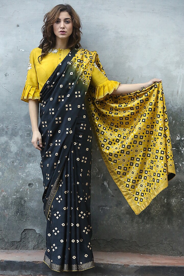 Black & Mustard Tie-Dyed Saree Set by I Am Design