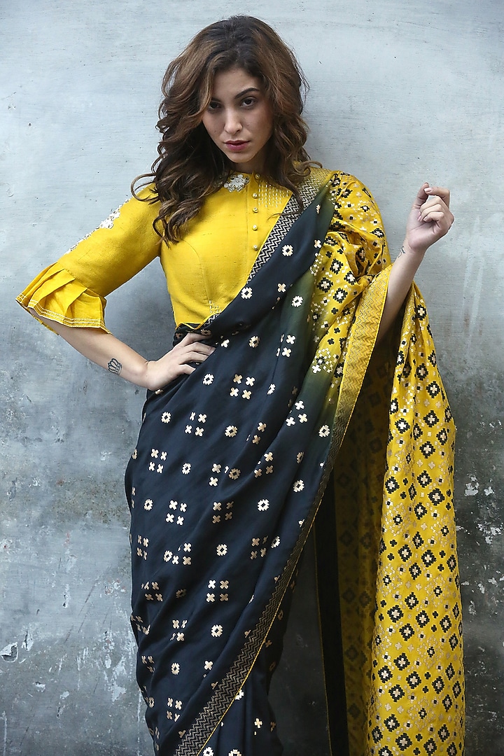 Black & Mustard Tie-Dye Printed Saree Set  by I Am Design at Pernia's Pop Up Shop