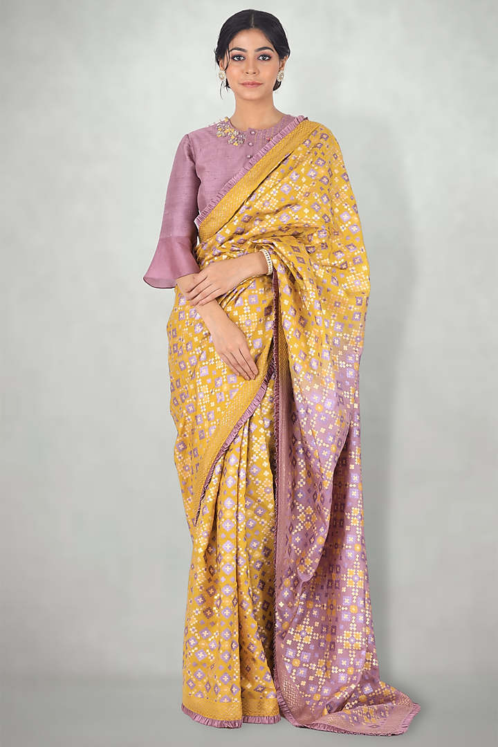Mauve & Mustard Silk Tie-Dye & Ikat Printed Saree by I Am Design