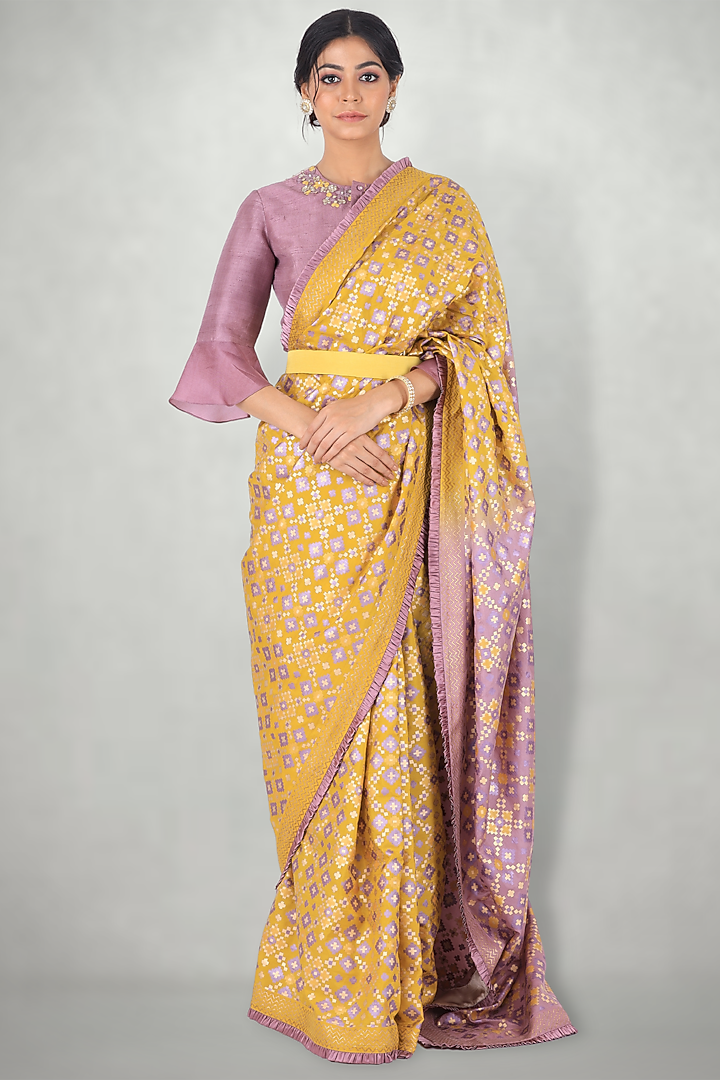 Mauve & Mustard Silk Tie-Dye & Ikat Printed Party Wear Saree by I Am Design at Pernia's Pop Up Shop