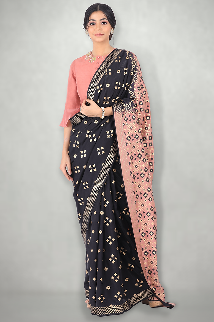 Black & Pink Printed Saree Set by I Am Design