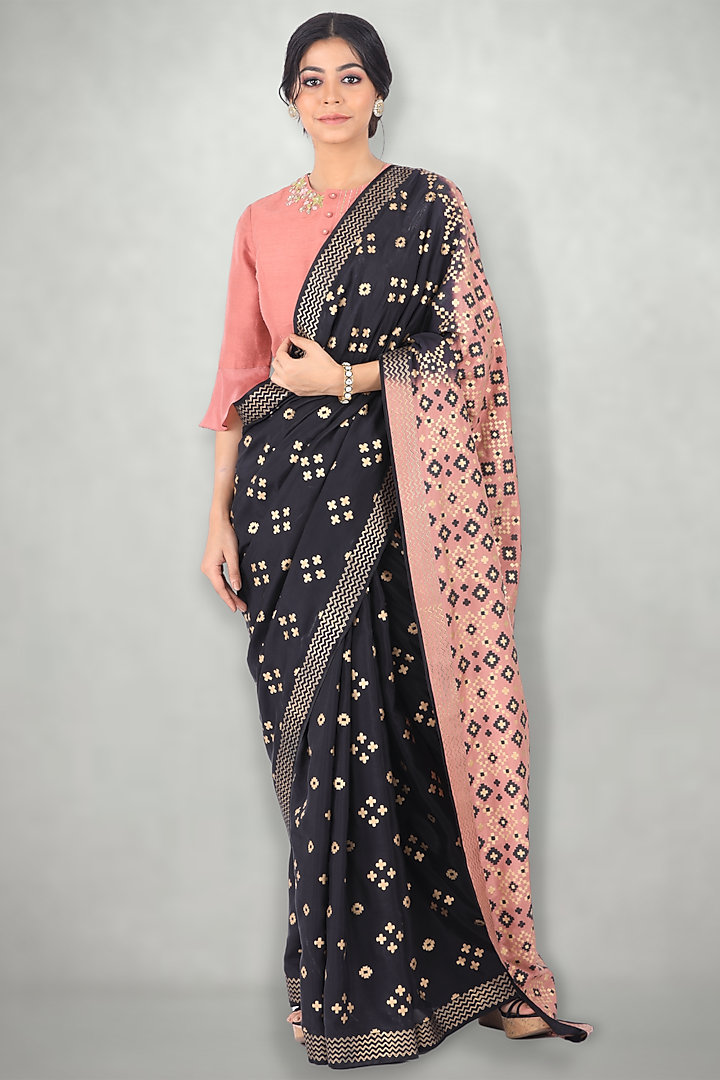Black & Pink Silk Ikat Printed Saree by I Am Design at Pernia's Pop Up Shop