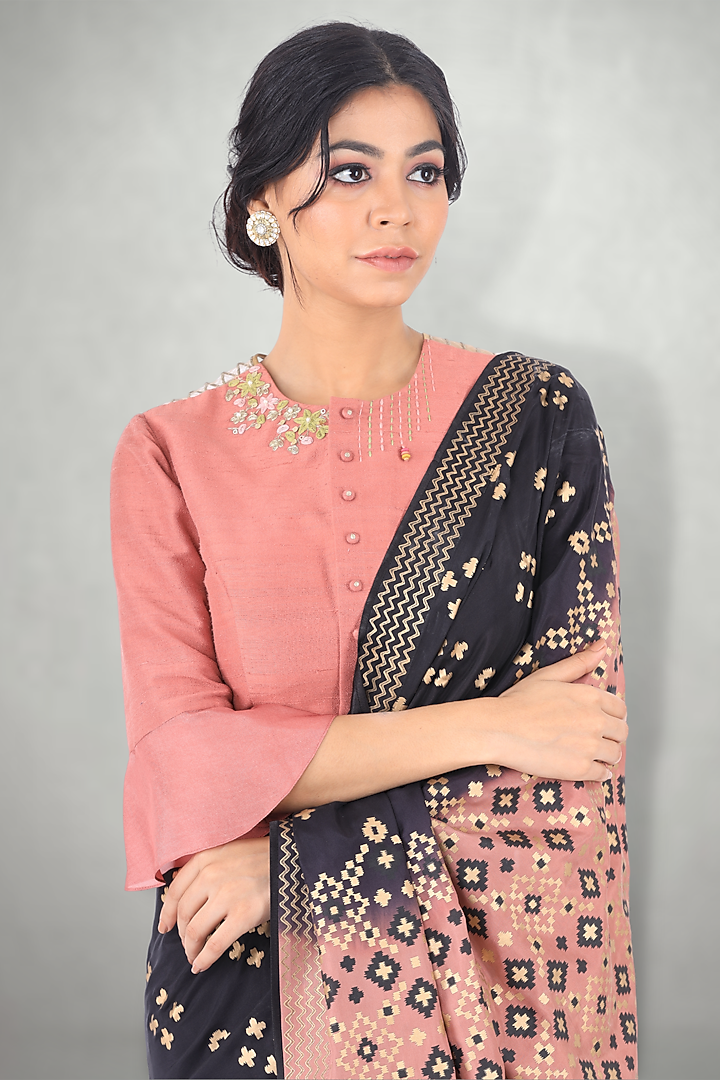 Black & Pink Silk Ikat Printed Saree by I Am Design at Pernia's Pop Up Shop