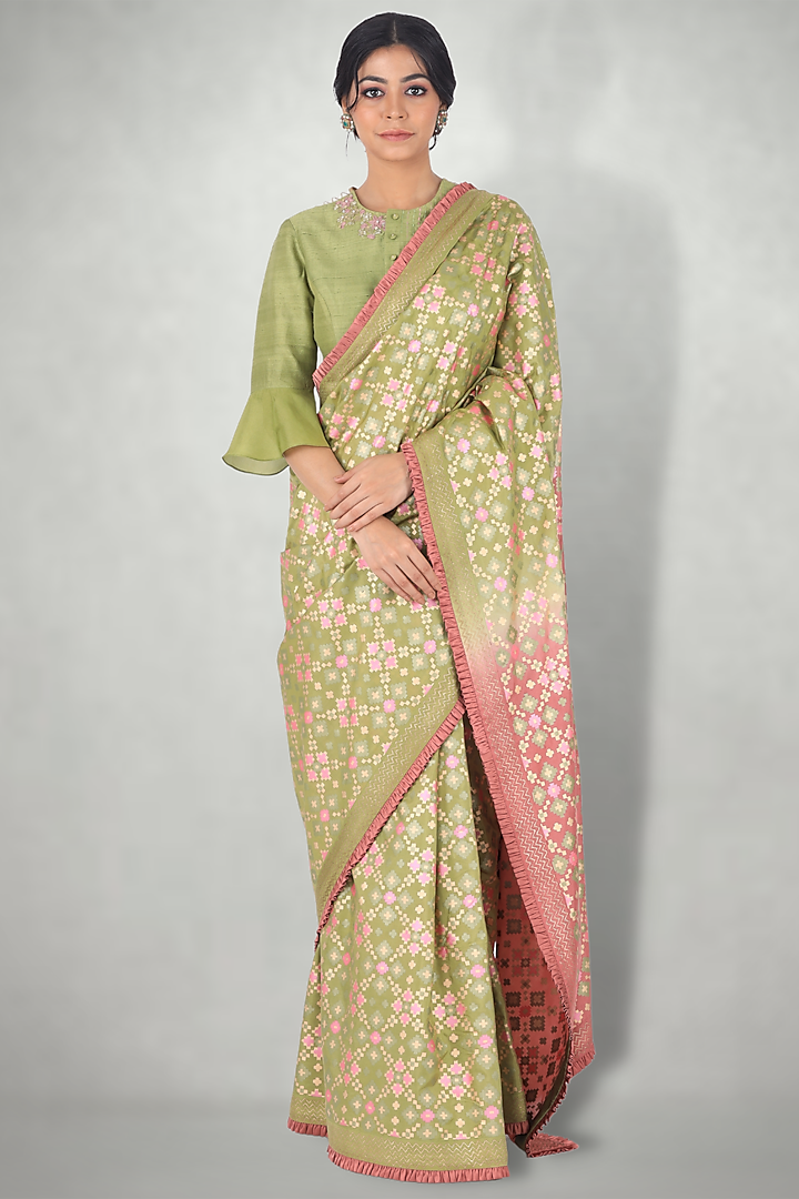 Green & Pink Printed Saree Set by I Am Design