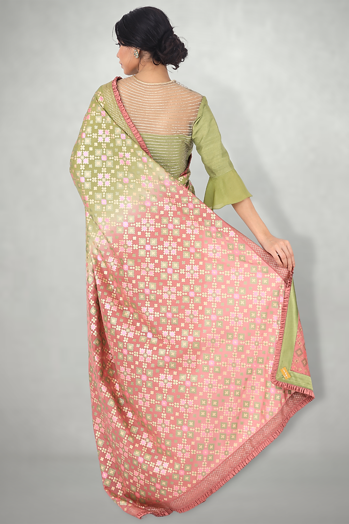 Green & Pink Printed Wedding Saree Set by I Am Design at Pernia's Pop Up Shop