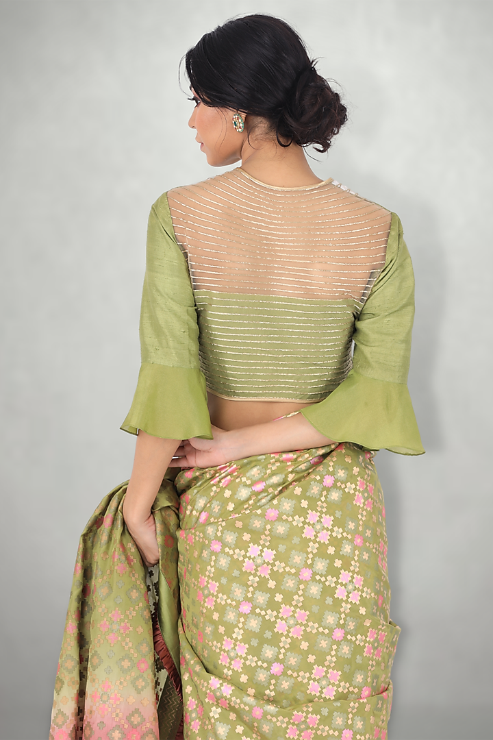 Green & Pink Printed Wedding Saree Set by I Am Design at Pernia's Pop Up Shop