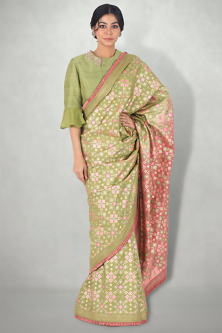 Green & Pink Printed Wedding Saree Set by I Am Design at Pernia's Pop Up Shop