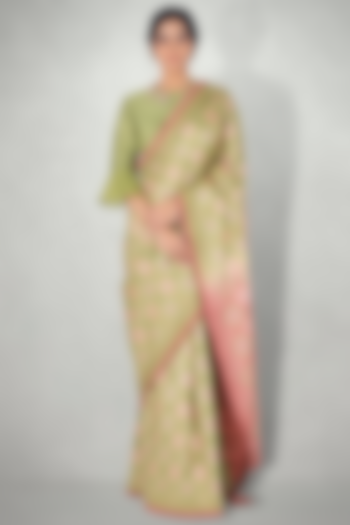 Green & Pink Ikat Printed Saree Set by I Am Design