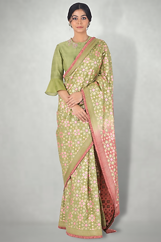 Green & Pink Silk Ikat Printed Saree by I Am Design