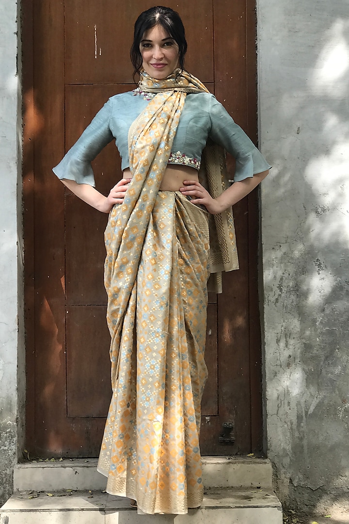 Beige & Mint Silk Printed Saree Set by I Am Design