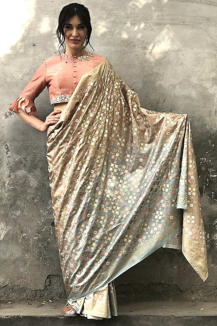 Beige & Mint Printed Saree Set by I Am Design