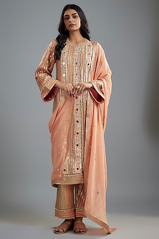 Peach Georgette Hand Embroidered Kurta Set by I AM DESIGN
