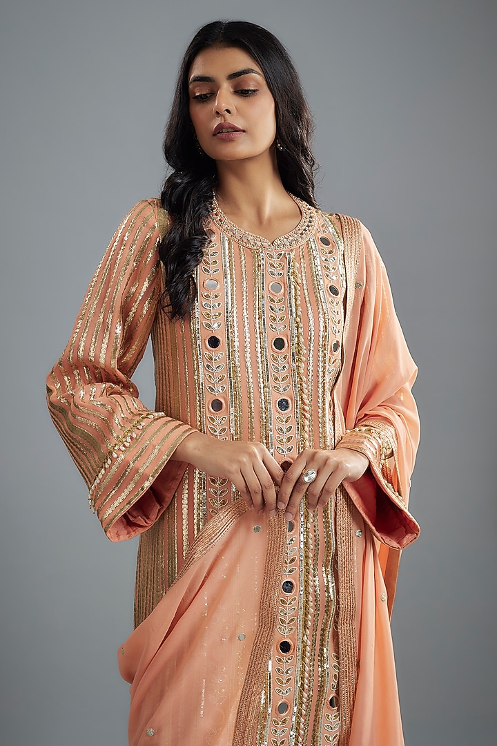 Peach Georgette Hand Embroidered Kurta Set by I AM DESIGN at Pernia's Pop Up Shop