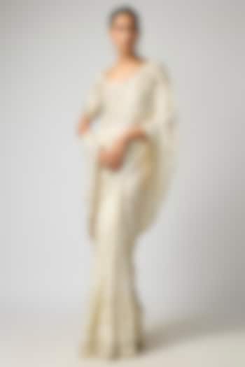 Ivory Georgette Hand Embroidered Wedding Saree Set by I AM DESIGN at Pernia's Pop Up Shop