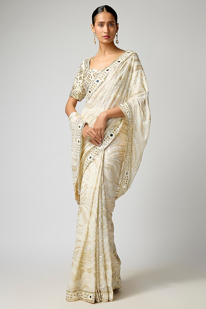 Ivory Georgette Hand Embroidered Wedding Saree Set by I AM DESIGN at Pernia's Pop Up Shop
