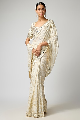 Ivory Georgette Hand Embroidered Saree Set by I AM DESIGN
