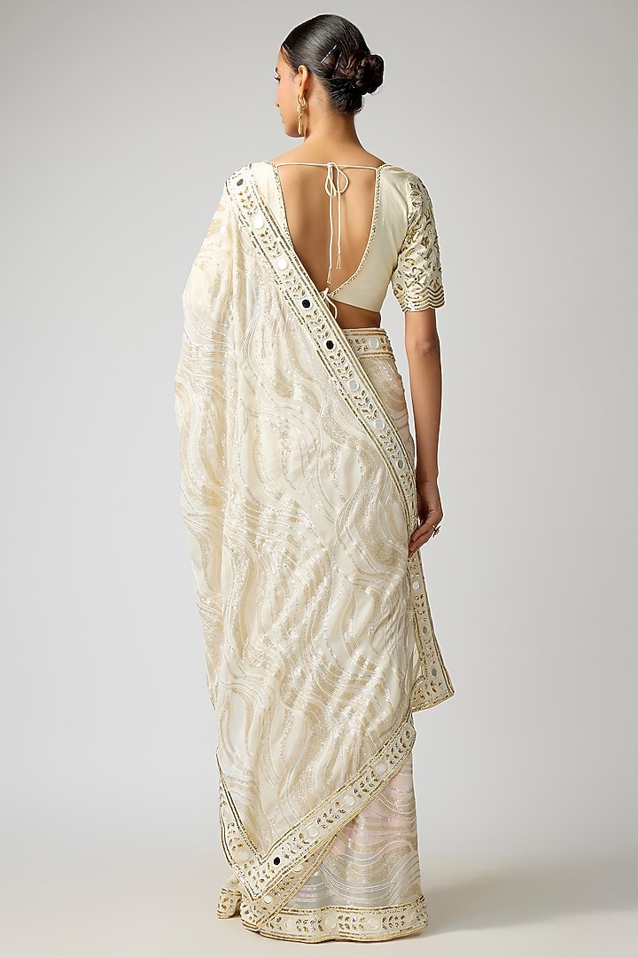 Ivory Georgette Hand Embroidered Wedding Saree Set by I AM DESIGN at Pernia's Pop Up Shop