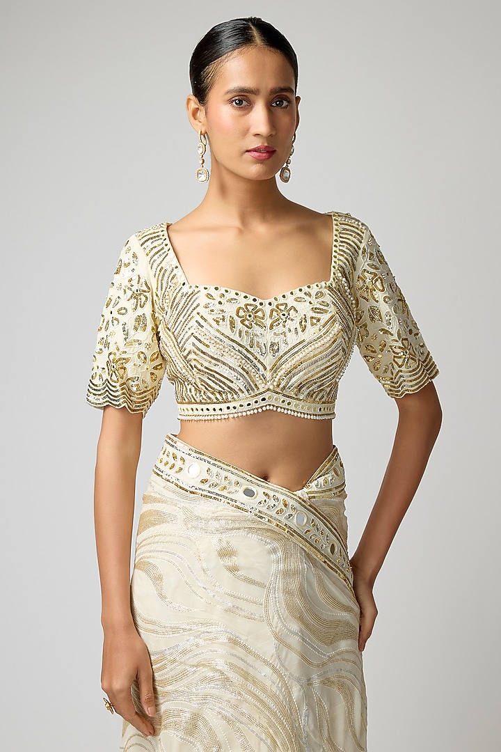 Ivory Georgette Hand Embroidered Wedding Saree Set by I AM DESIGN at Pernia's Pop Up Shop