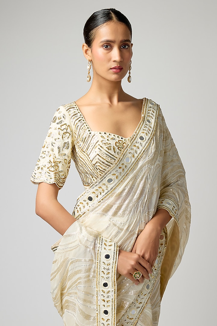 Ivory Georgette Hand Embroidered Wedding Saree Set by I AM DESIGN at Pernia's Pop Up Shop