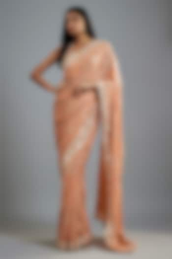 Peach Georgette Hand Embroidered Saree Set by I AM DESIGN at Pernia's Pop Up Shop