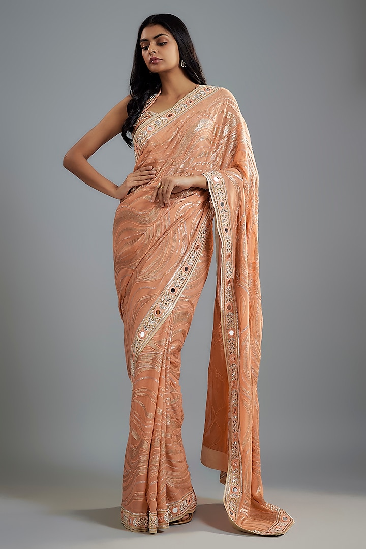 Peach Georgette Hand Embroidered Saree Set by I AM DESIGN at Pernia's Pop Up Shop