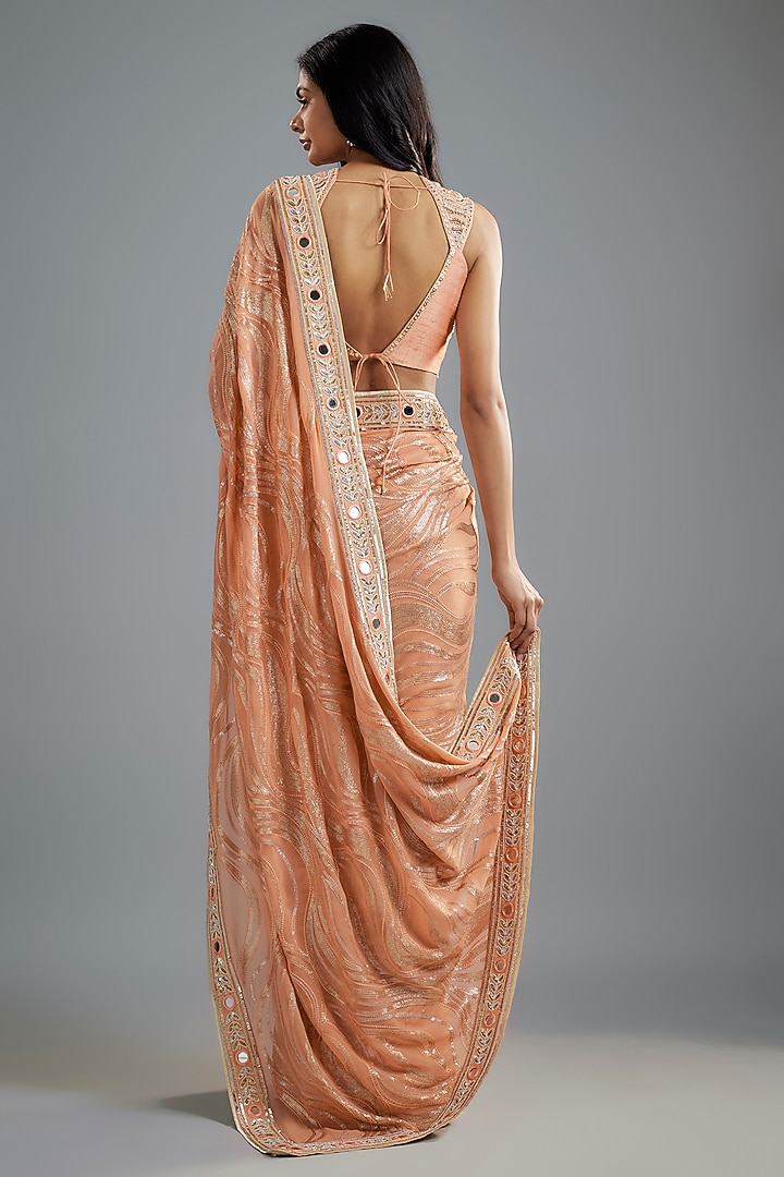Peach Georgette Hand Embroidered Wedding Saree Set by I AM DESIGN at Pernia's Pop Up Shop