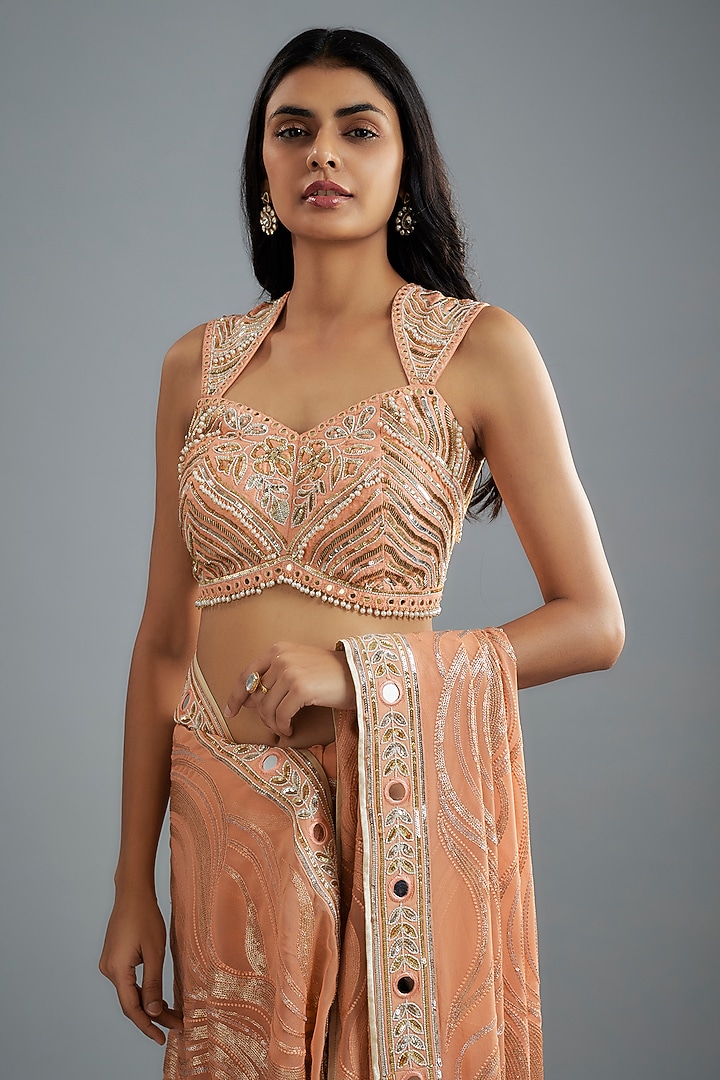Peach Georgette Hand Embroidered Wedding Saree Set by I AM DESIGN at Pernia's Pop Up Shop