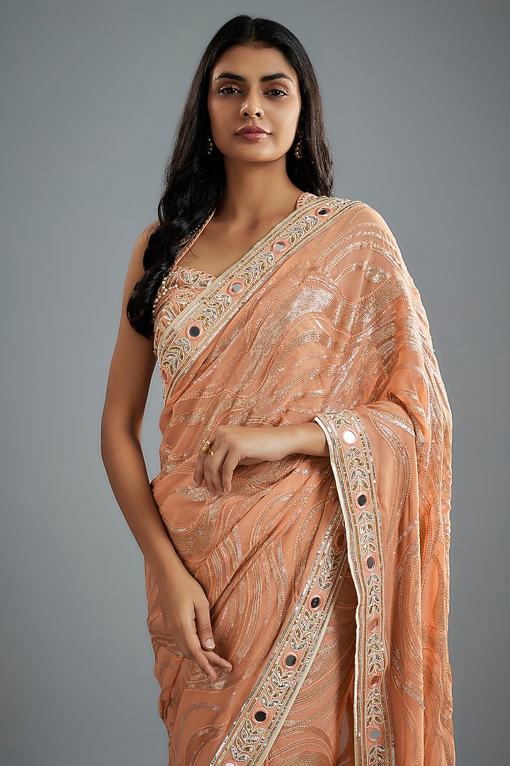 Peach Georgette Hand Embroidered Wedding Saree Set by I AM DESIGN at Pernia's Pop Up Shop